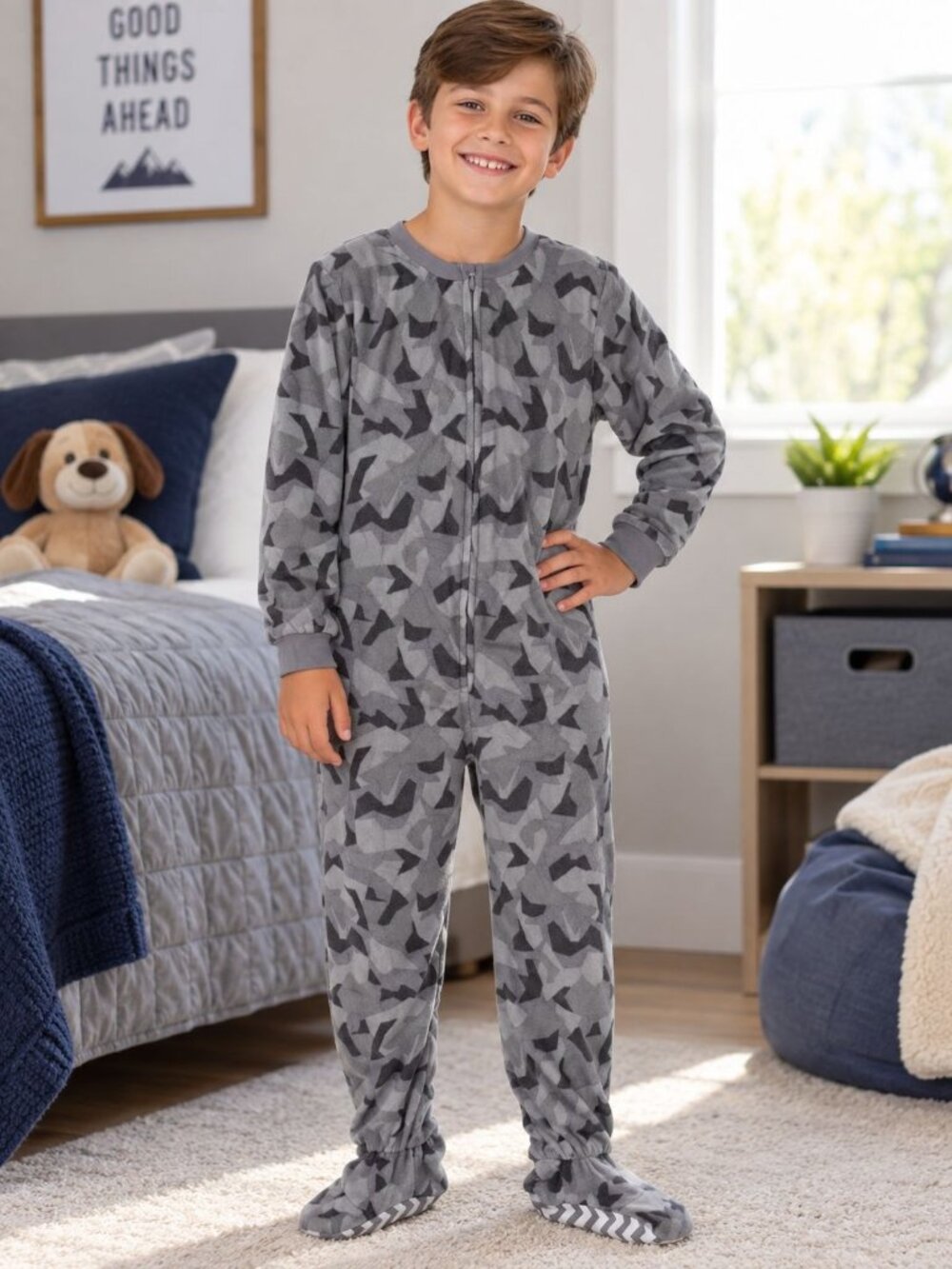 Komar Kids Boys Gray Camo Fleece Blanket Sleeper Footed Pajamas Size 8 Medium
